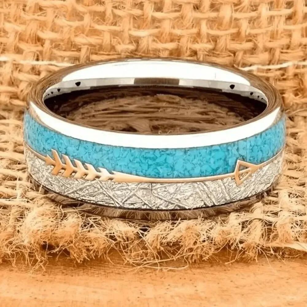 Western Arrow Turquoise Inlay Stainless Steel Wedding Mens Ring